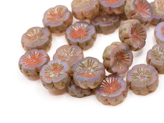Table-Cut Picasso Czech Glass Hawaiian Flower Beads for Jewellery Making, Translucent Lilac Hyacinth w/ Red Ochre Wash | 5mm x 14mm - 4pc